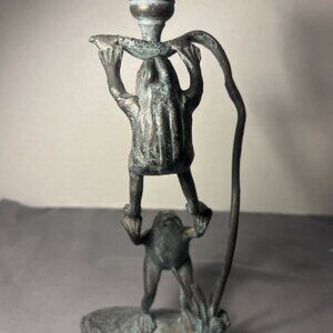 Antique Verdigris metal toad-frog candlestick, 10"